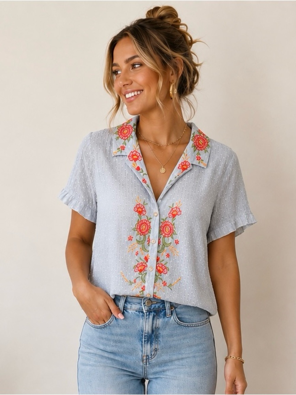 Maeve by Anthropologie Sky Blue Short-Sleeve Button-Up with Floral Embroidery